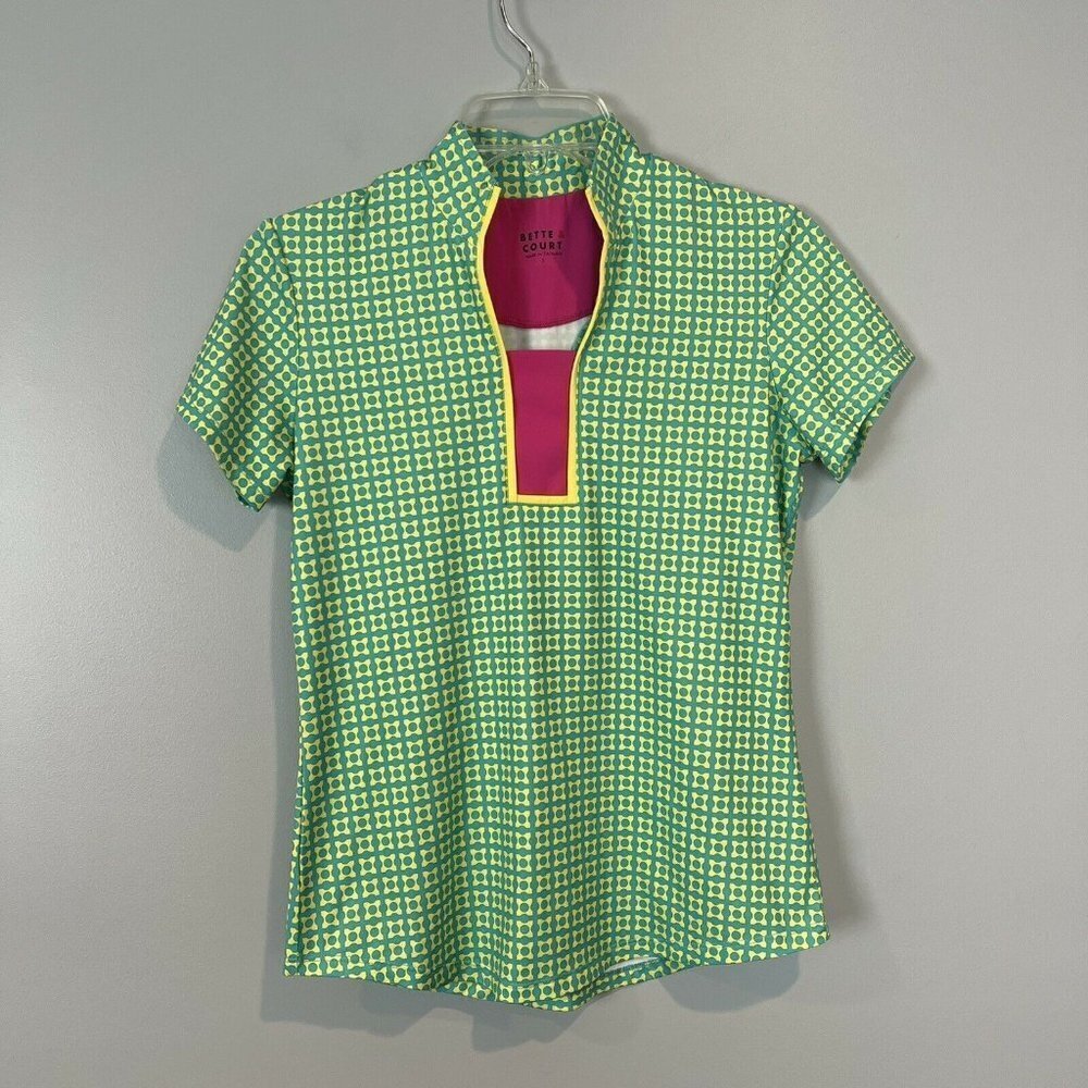 Bette & Court Printed Short Sleeve Microfiber Shirt Blue-Green Yellow Magenta S